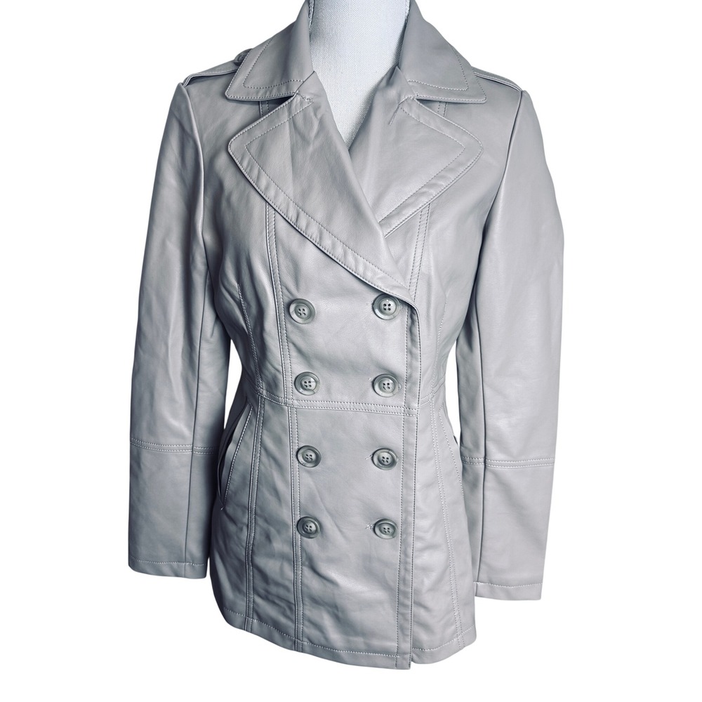 LA Coalition beige Faux Leather Double Breasted Jacket military coat sz Small